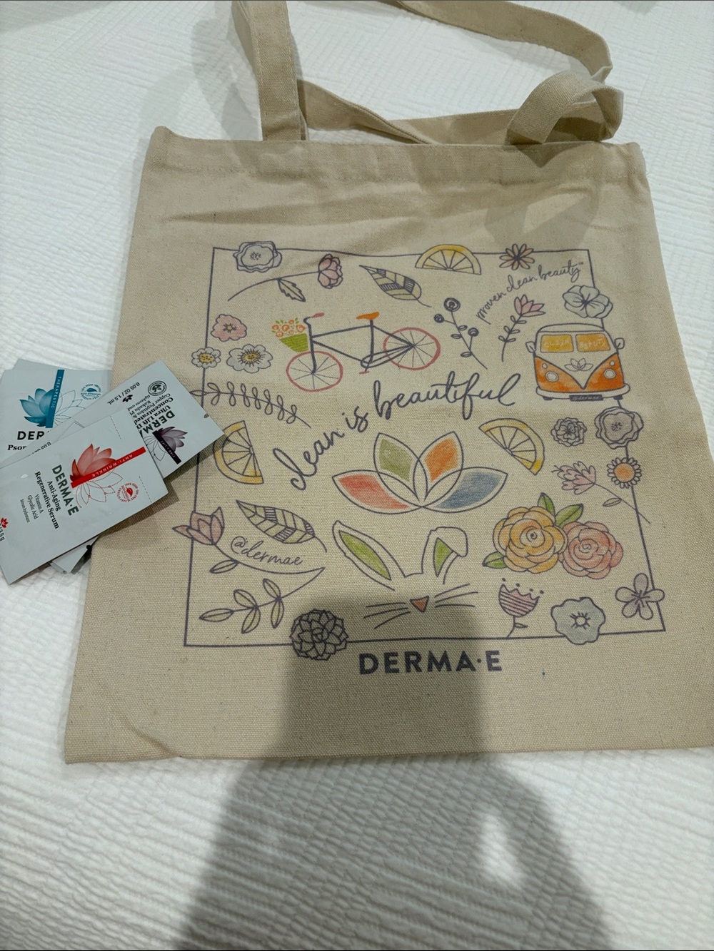 NWOT Dermae Clean beauty tote and samples